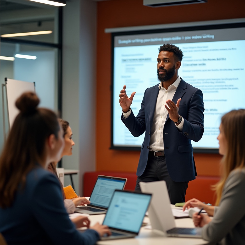 Communication specialist conducting training session with engaged professional participants