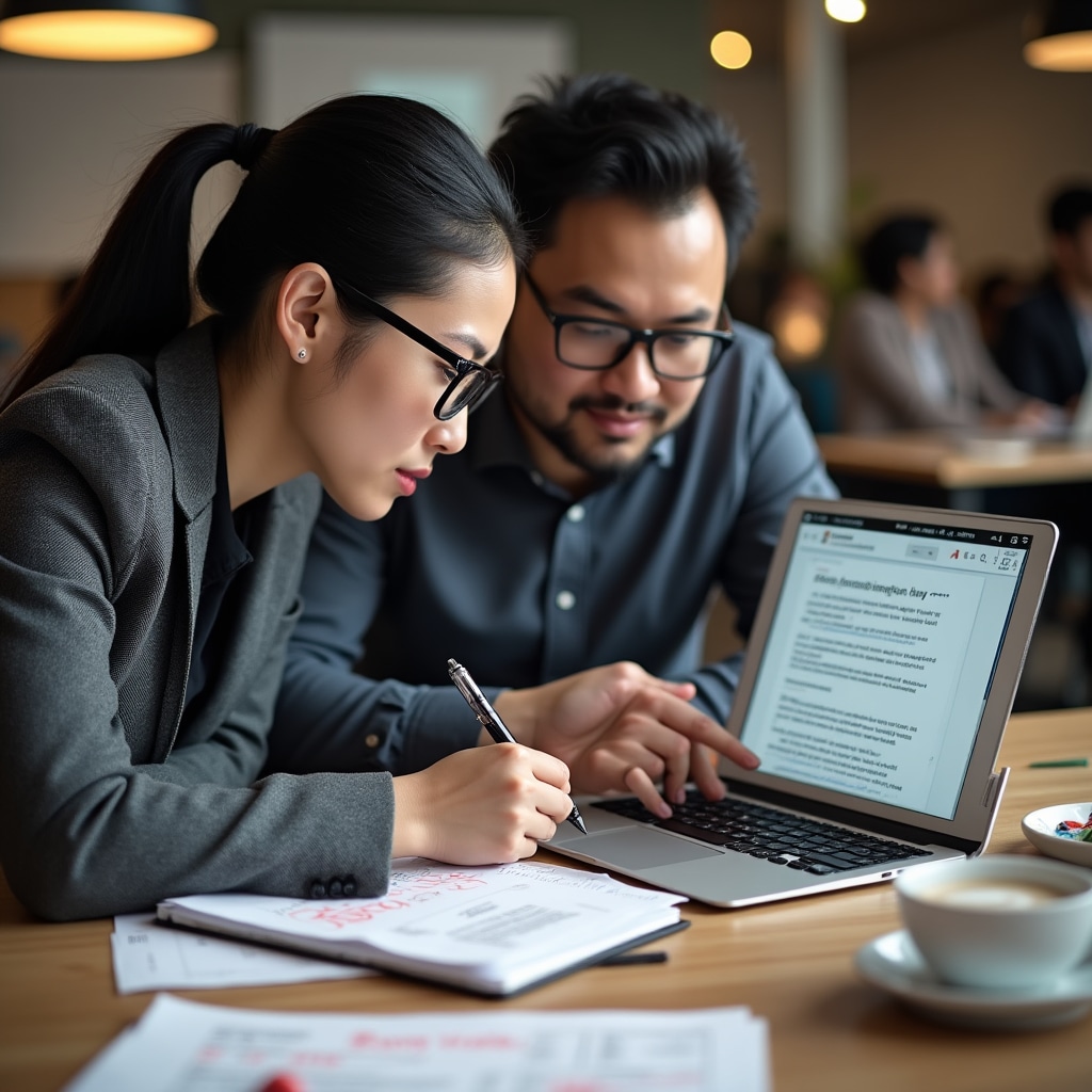 Corporate writing coach demonstrating editing techniques during interactive workshop session