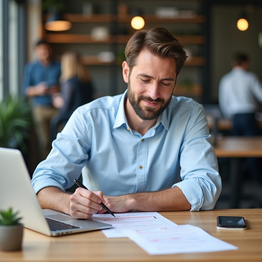 Professional reviewing improved workplace communication documents with visible satisfaction