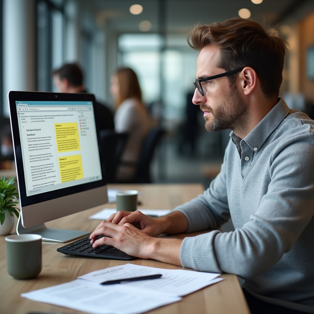 Professional demonstrating email clarity techniques on laptop screen during workplace communication workshop