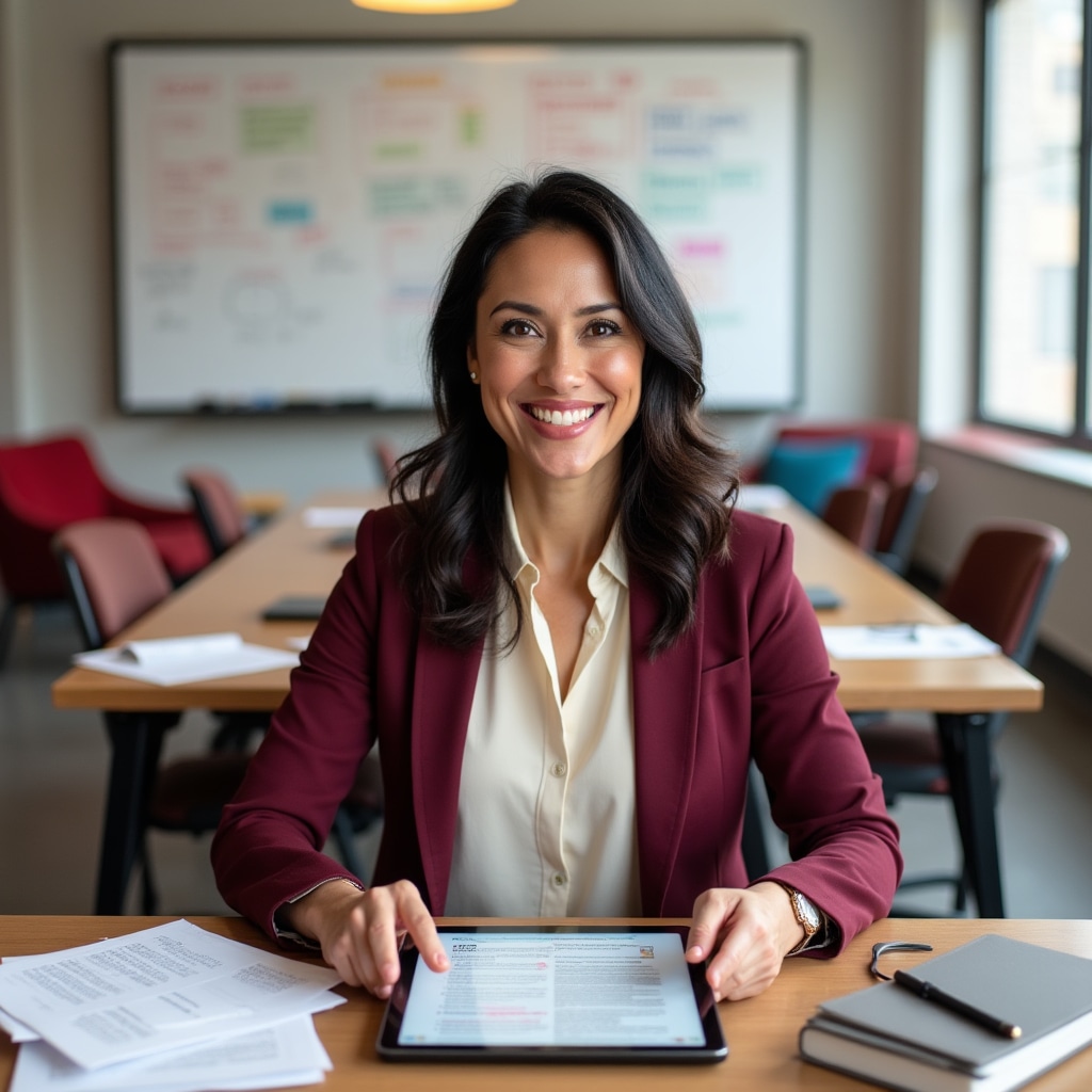 Professional writing instructor reviewing documents with participant in modern office setting